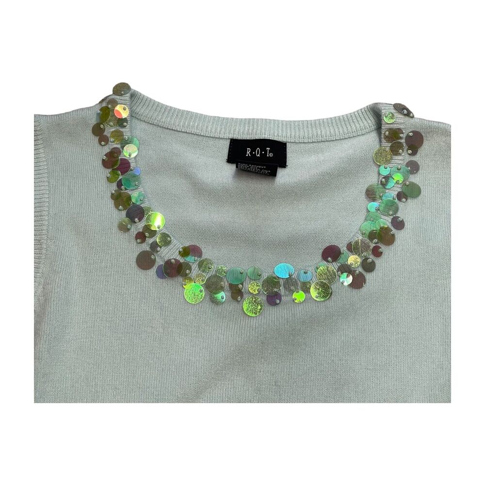 R.Q.T Sweater Vest Women's Large Light Mint Ribbed Knit Disc Sequins Round Neck - Picture 7 of 7